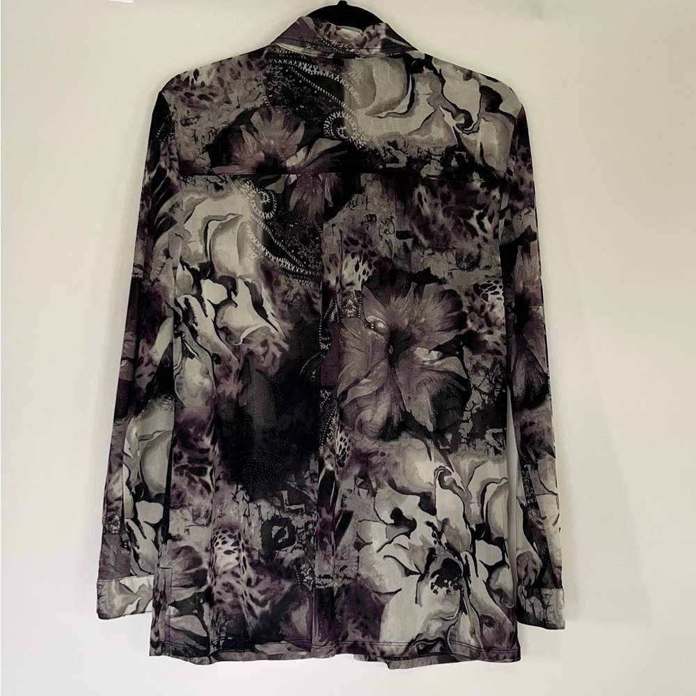 Chico's Purple/Black/White Long Sleeve Sheer Button Down Blouse, Size Small